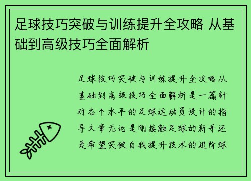 足球技巧突破与训练提升全攻略 从基础到高级技巧全面解析